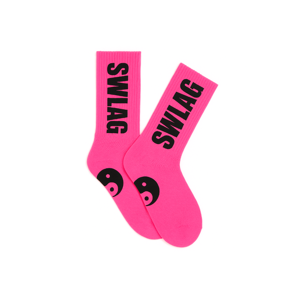 Two pink socks with 'SWAG' text on a white background