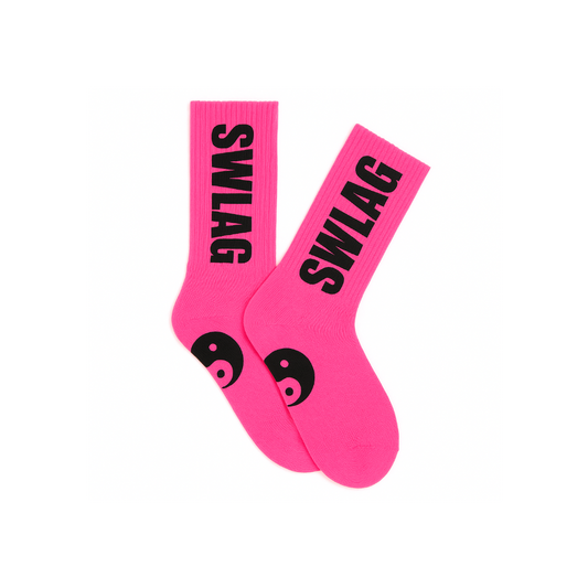 Two pink socks with 'SWAG' text on a white background