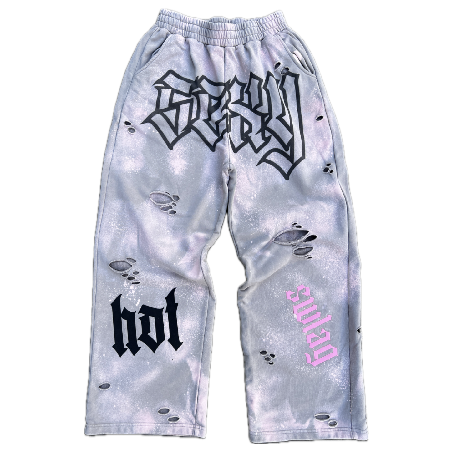 Gray arm sleeves with black and pink text and graphics on a white background