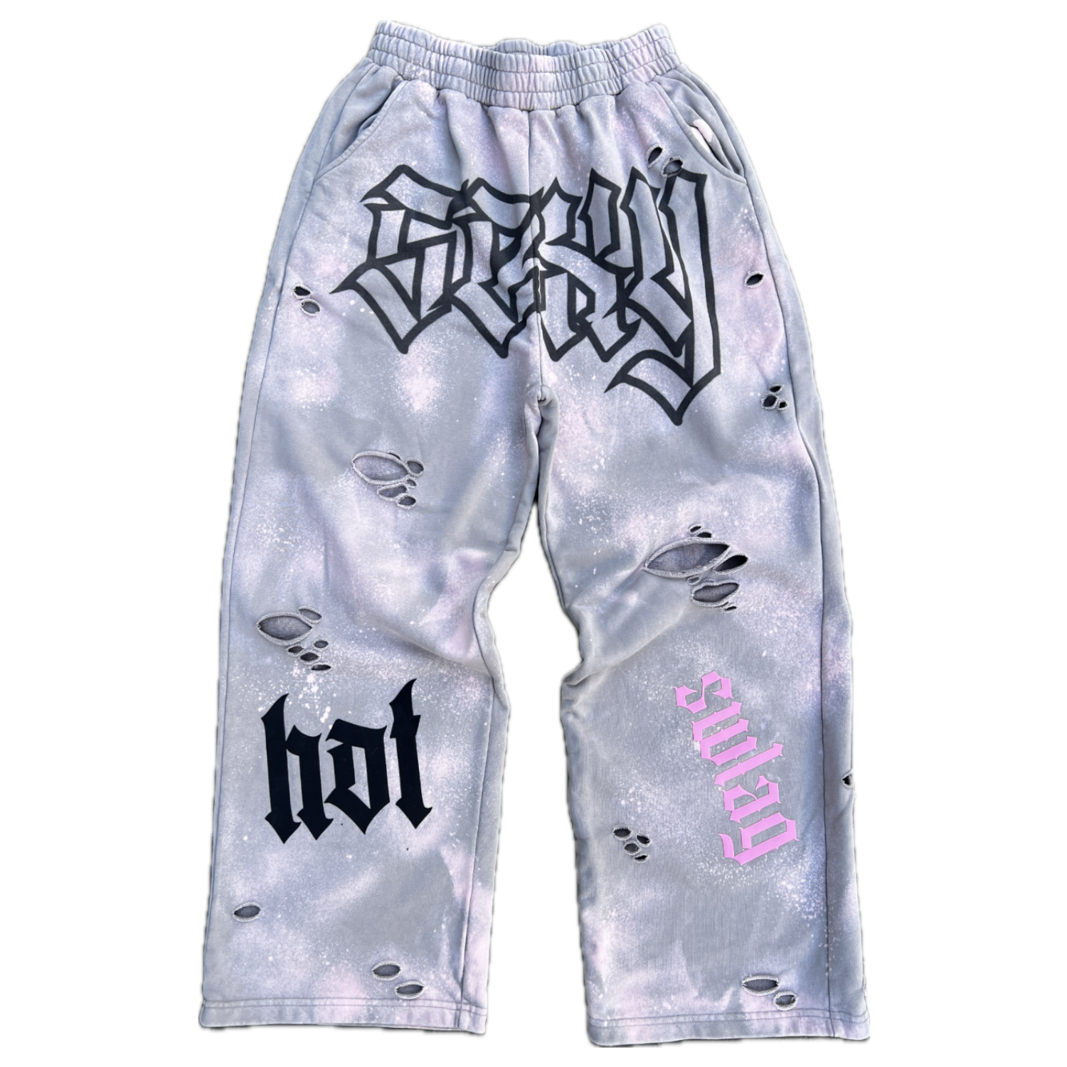 Gray arm sleeves with black and pink text and graphics on a white background