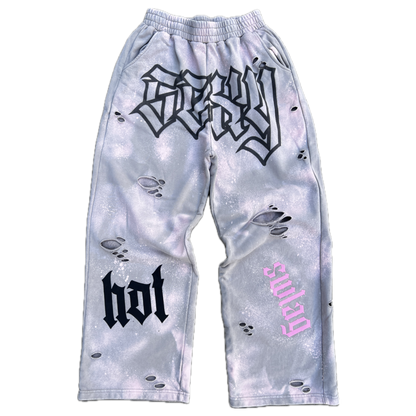 Gray arm sleeves with black and pink text and graphics on a white background