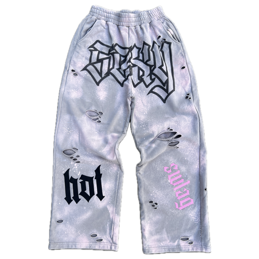 Gray arm sleeves with black and pink text and graphics on a white background