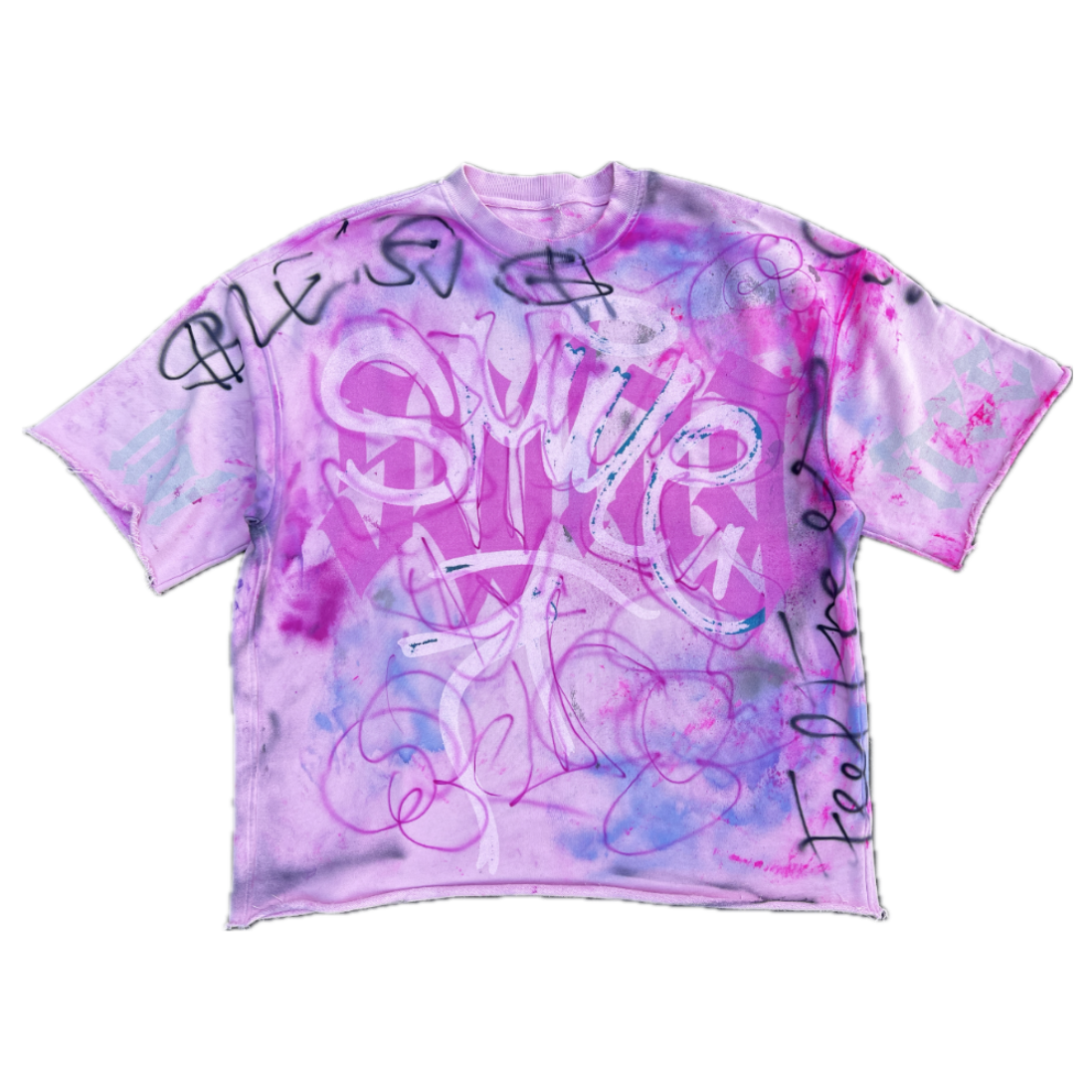Pink and purple tie-dye t-shirt with text on a white background