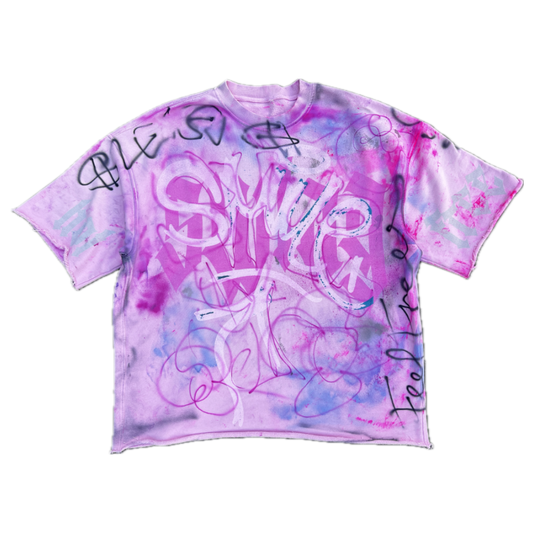 Pink and purple tie-dye t-shirt with text on a white background