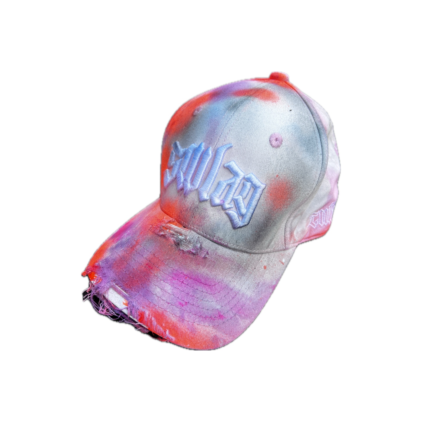 Colorful tie-dye baseball cap with a brand logo on a white background