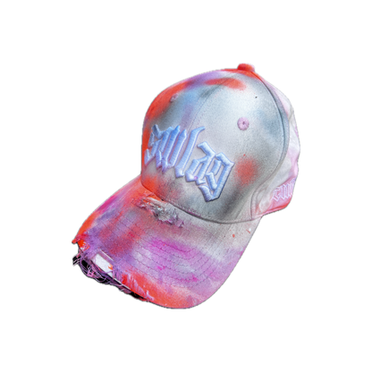 Colorful tie-dye baseball cap with a brand logo on a white background