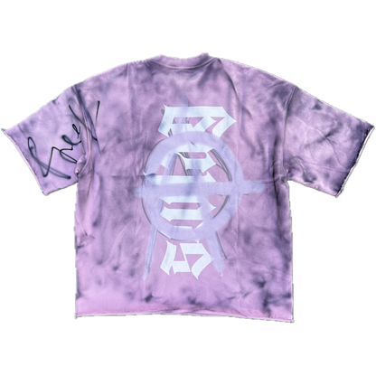 Purple tie-dye hoodie with a logo on a white background